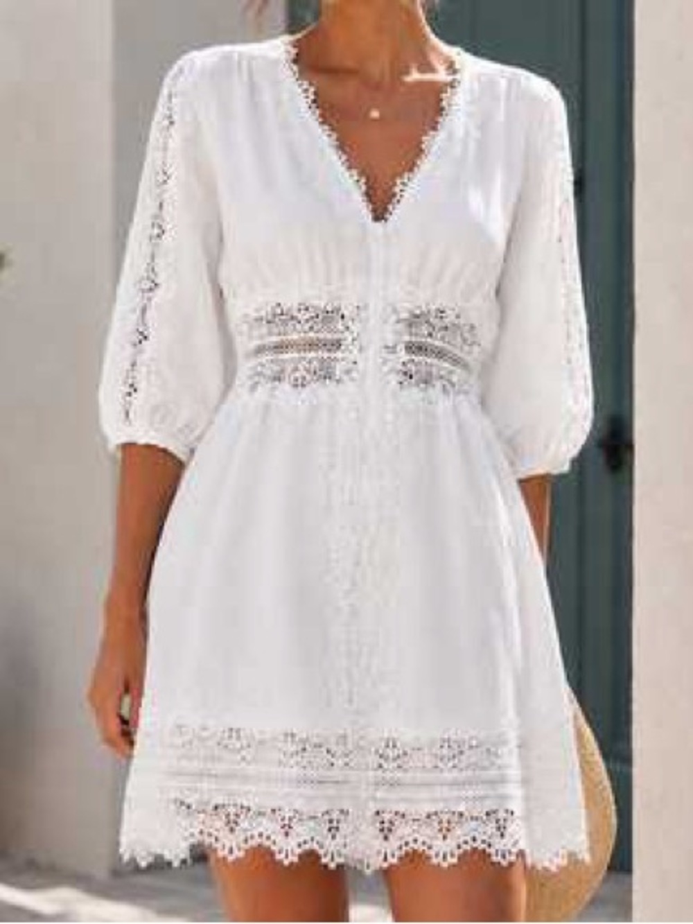 Zara White V-Neck Lace-Trim Mini Dress